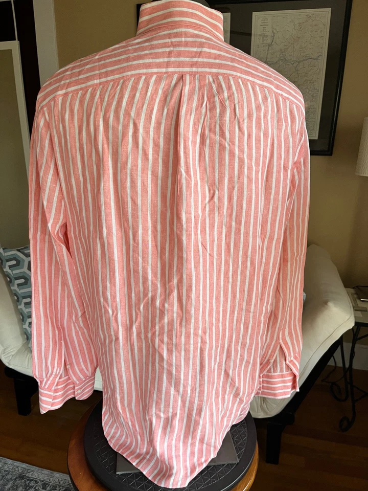 Borrelli Napoli Hombre Relajado Talla Camisa 16 (41) 100% Lino L/S Rosa Rayas Italia Foto 2 de 4