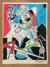 Pablo Picasso (Handmade) Mixed Media Paper Drawing Signed and Stamped
