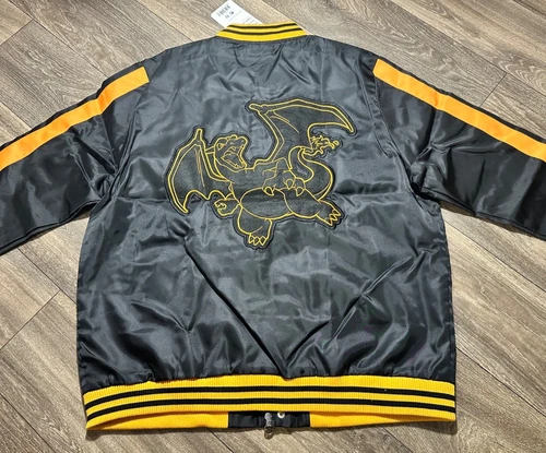 NWT Pokemon Center Charizard Jacket Mens Large Black Satin Bomber Streetwear Y2K - product listing photo