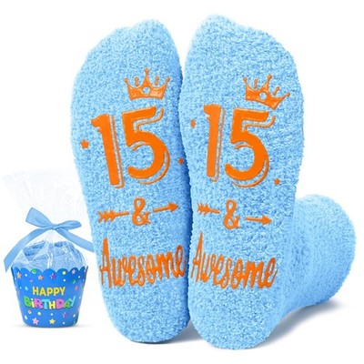 HAPPYPOP 15th Birthday Gift Ideas Socks - Medium, Fuzzy 15 Awesome Light Blue 