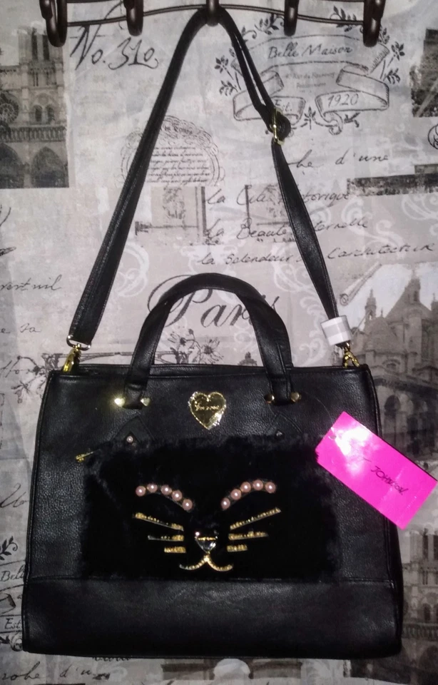 Bolso Kitsch BETSEY JOHNSON con Bolsa Negro Gato Imitación Guijarro Cuero/Piel/Perla Nuevo con Etiquetas❤️ Foto 2 de 4