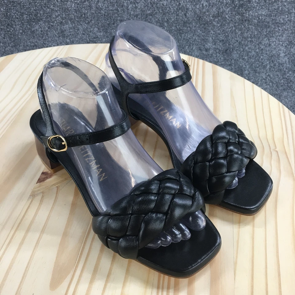 Sandalias Stuart Weitzman para mujer 8 B correa al tobillo cuero negro punta abierta tacón bloque Foto 3 de 4