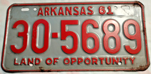 Arkansas License Plate 1961 30-5689 Land of Opportunity