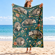 Floral Opossum Coral Fleece Blanket Wildlife Lover Gift