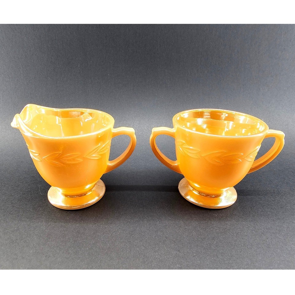 Vintage Fire King Peach Luster Creamer and Sugar Set Laurel Leaf ...