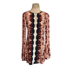 Free people cream maroon bell sleeves neck boho mini dress size 6