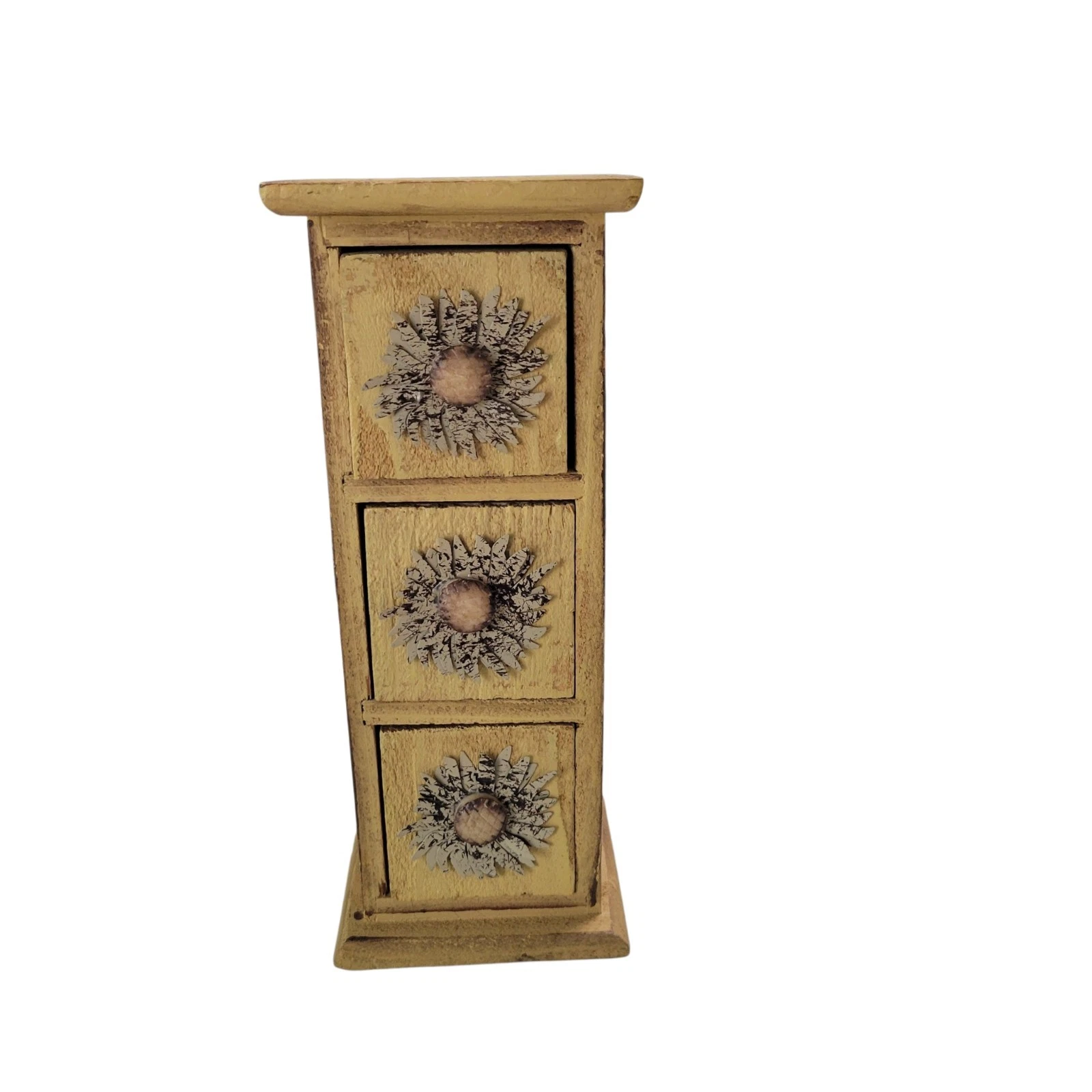 Small 3 Drawer Wood Sunflower Apothecary Spice Cabinet Jewelry Box 9" Tall