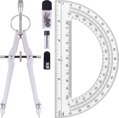 Compass and Protractor Set, Math Compass for Geometry (Silver) | Professional Dr