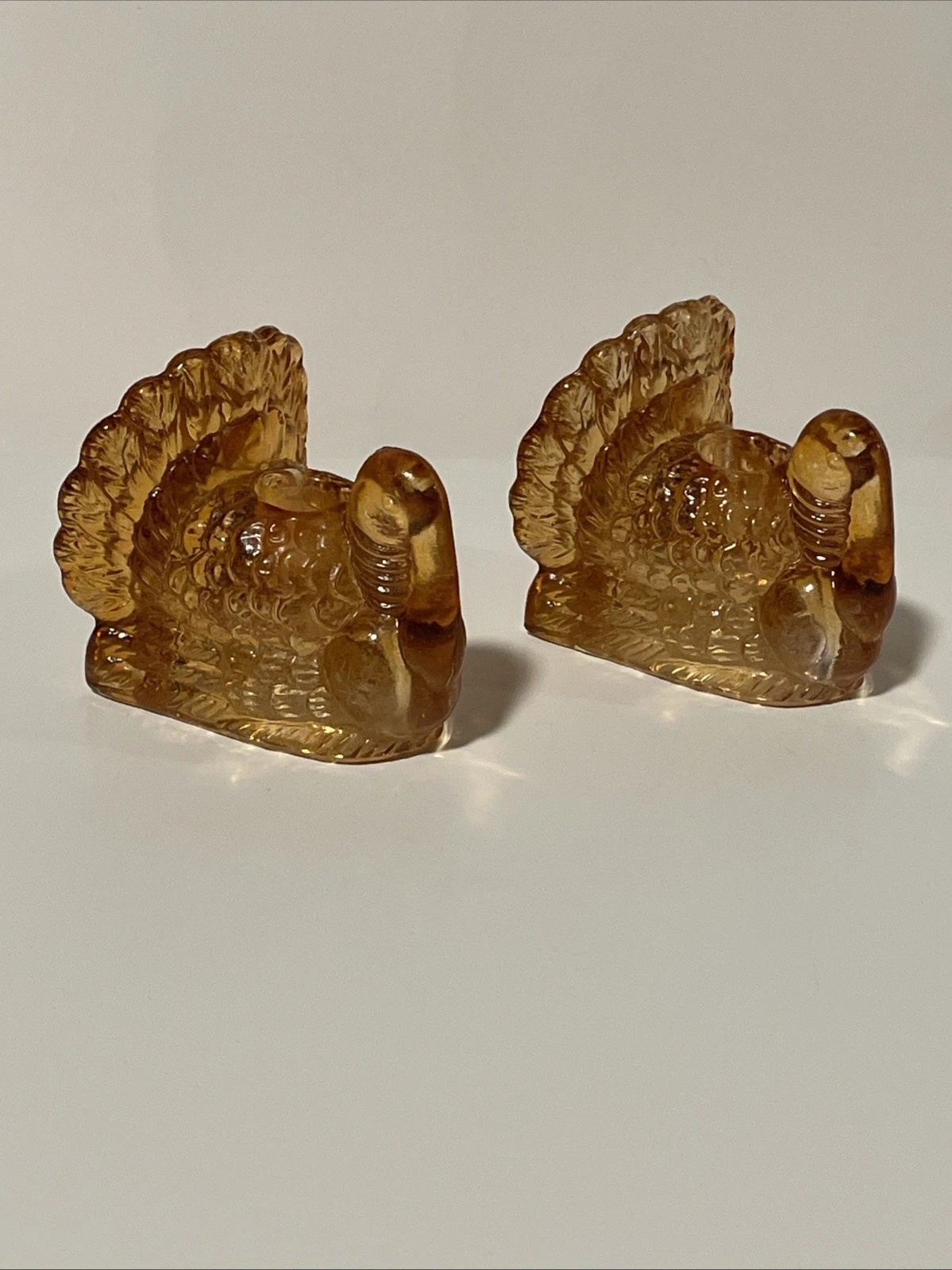 2 Vintage Glass 2” Thanksgiving Turkey Taper Candle Holder Honey Amber