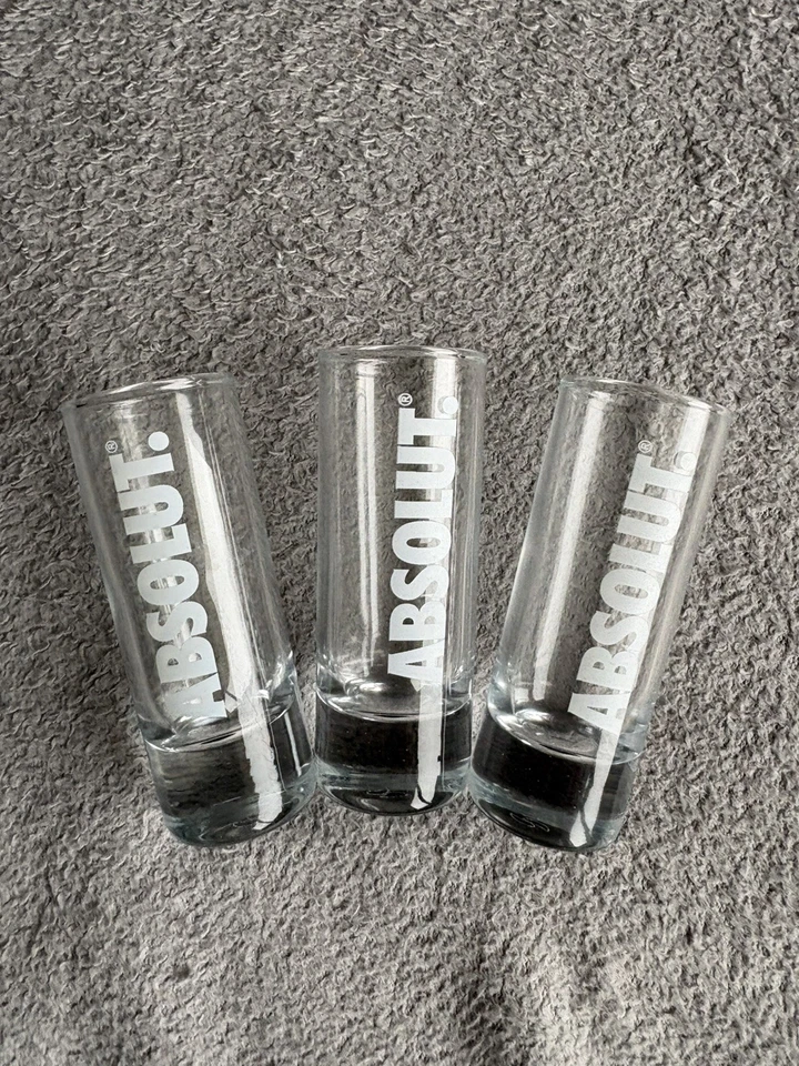 Trio Of Clear Glass Cylindrical Branded Shot Glasses ABSOLUT VODKA - Image 1 of 1