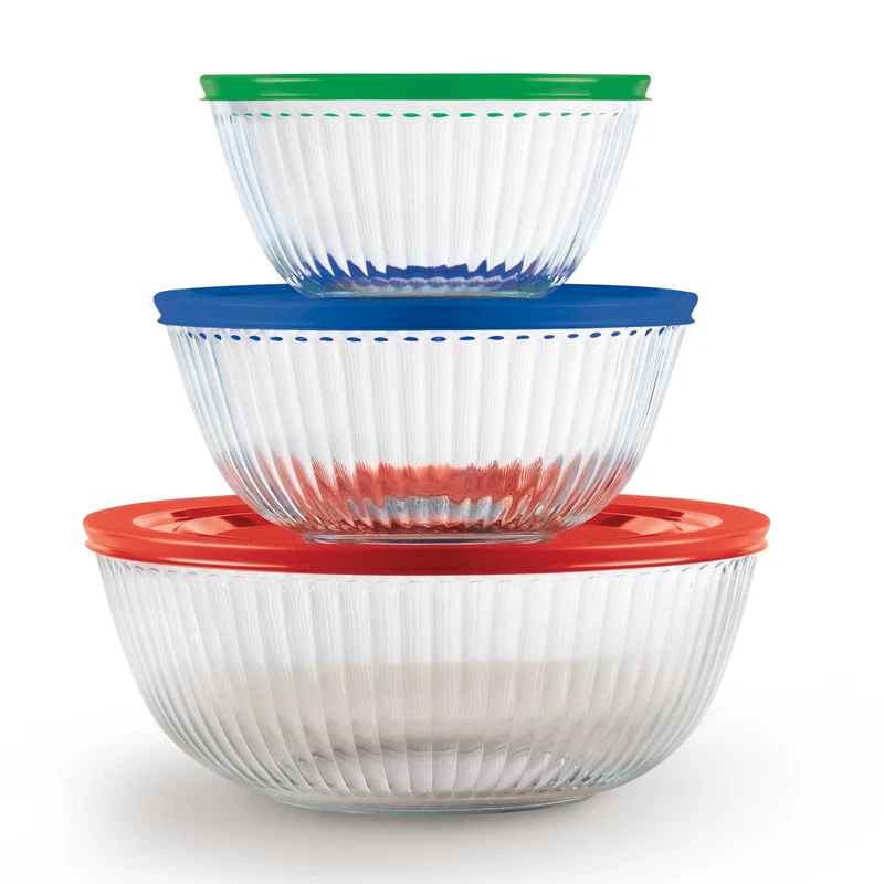 Pyrex Sculpted 3-Pack Glass Mixing Bowls Set Plastic Lids For Prepping Baking