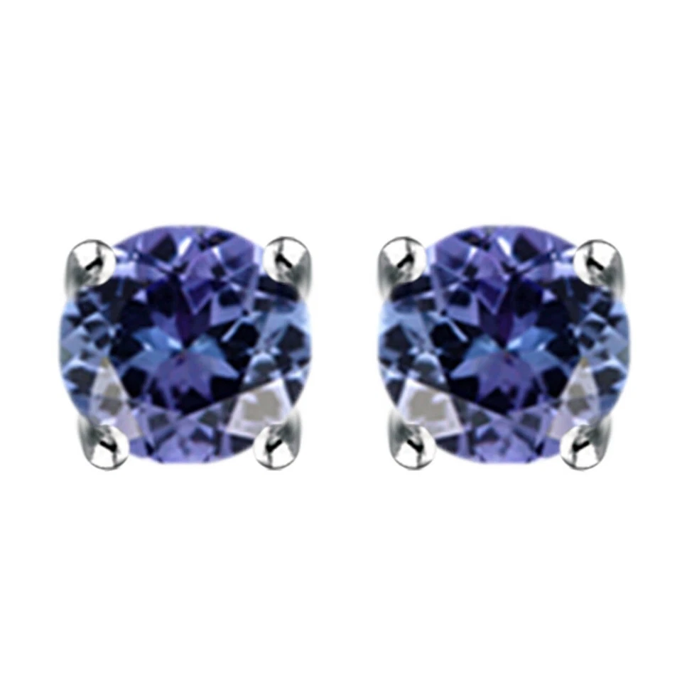 Solitaire Stud Push Back Earrings Round Simulated Tanzanite 14K Solid White Gold - Imagem 2 de 4