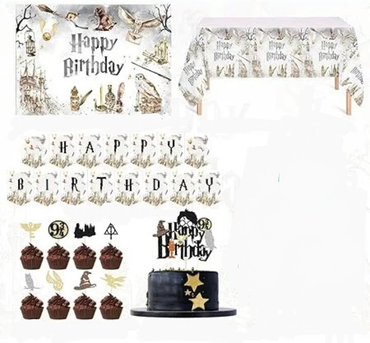 Wizard Birthday Party Supplies Set - Happy Birthday Banner, Cake Topper,Cupcake