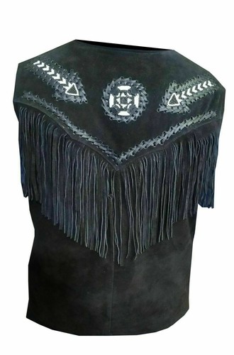 Men Black Suede Leather Western Style Vest Fringed & Beaded - Waistcoat - Picture 3 of 5