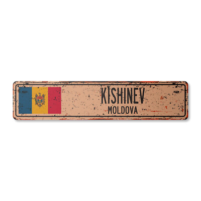 KISHINEV MOLDOVA Vintage Street Sign Moldovan flag city country road wall rustic
