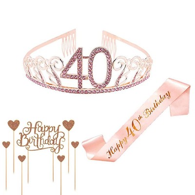 40. Geburtstag Set Mit Strass-Krone & Schärpe – Roségold, Für Frauen, Inkl. Perlennadel