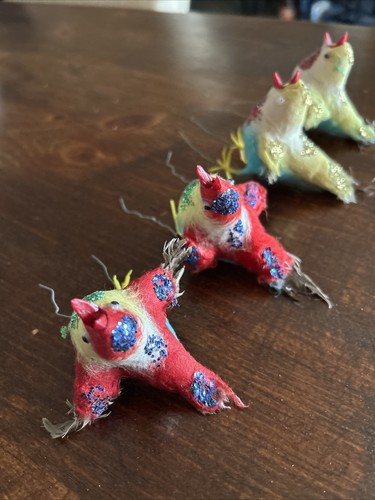 Lot Of 4 Vintage Feather Cotton Spun Blue Glitter Bird Ornaments Holiday Decor - Picture 5 of 19