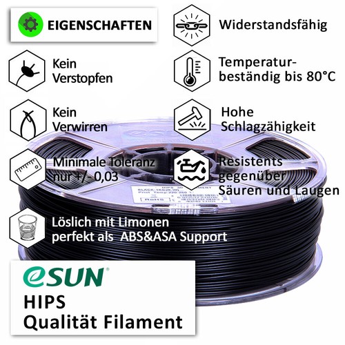 eSun Filament, HIPS, 2.85mm, 1kg, schwarz, für nahezu alle FDM 3D-Drucker - Bild 2 von 7