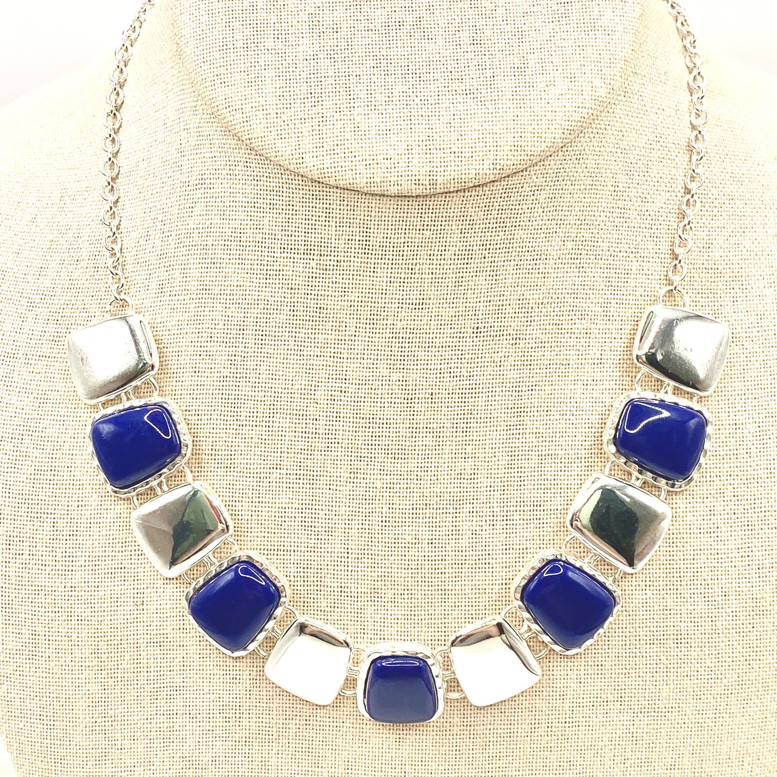 Vintage Liz Claiborne SilverTone Necklace Navy Blue Silver Charms Choker Bib C