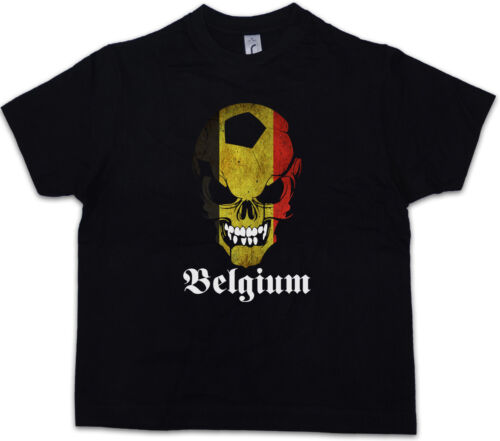 FOOTBALL SOCCER BELGIUM SKULL FLAG Kids Boys T-Shirt Fan Hooligan Banner belgian - Picture 1 of 1