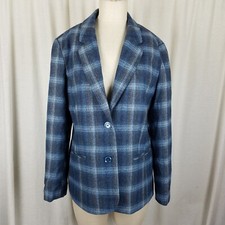 Chadwick's Blue Plaid Wool Blazer Jacket Womens Size 14p 90s Boyfriend Corpcore