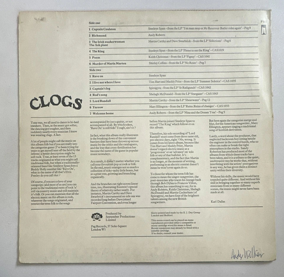 Various - Clogs - Folk Sampler Vinyl Lp Record 1972 EX / VG Condition - Image 3 of 4