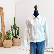Ecru Women's M Faux Patent Leather Zip Front Collared Moto Jacket Off White
