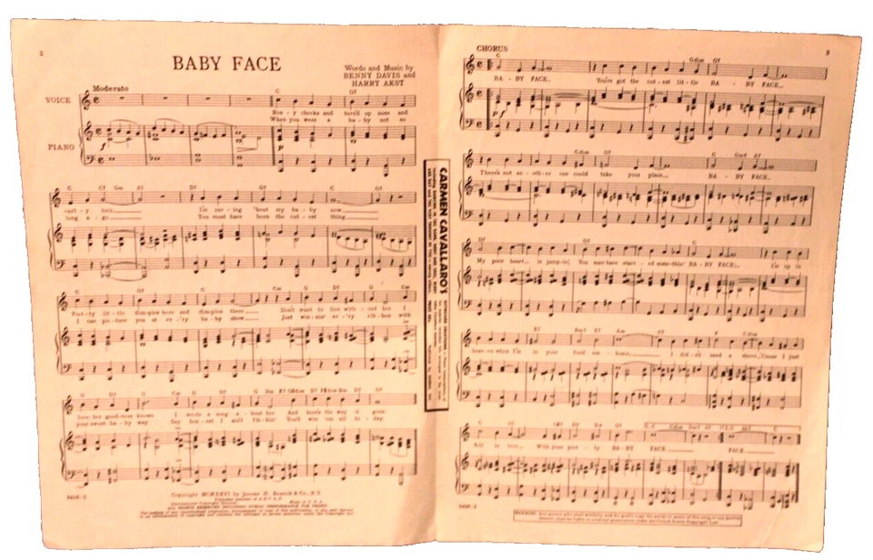 Vintage Sheet Music 1926 "Baby Face" Very Good Condition - Image 4 of 4