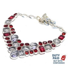 925 Silver Plated Natural White Topaz Garnet Trendy Chain Hook Necklace Jewelry