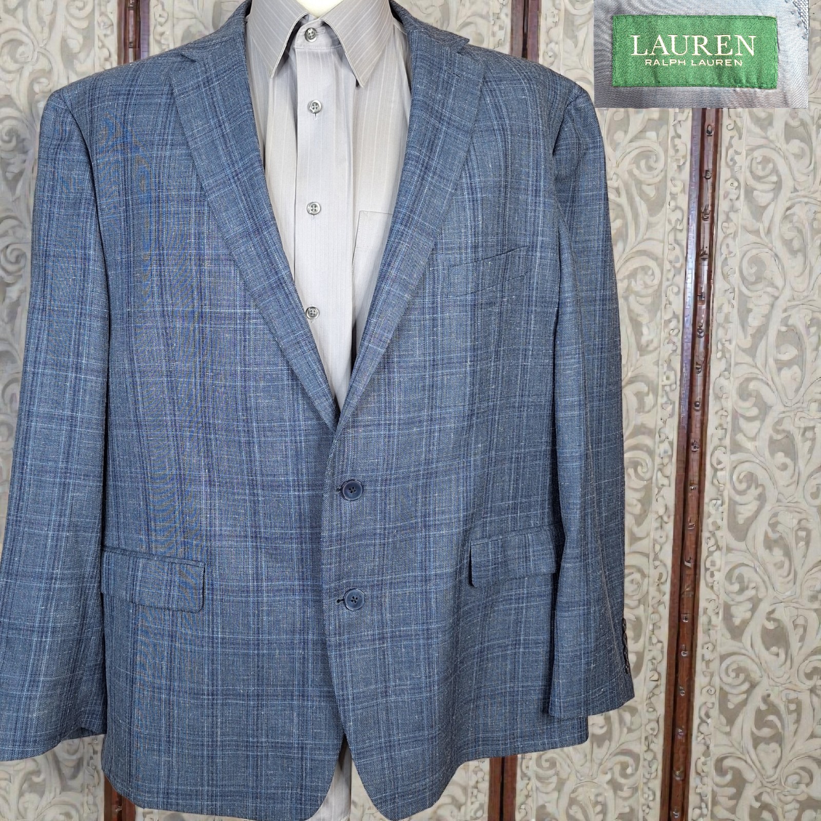 Lauren Ralph Lauren Sport Coat Mens 48R Blue Gray Plaid Silk Wool Linen