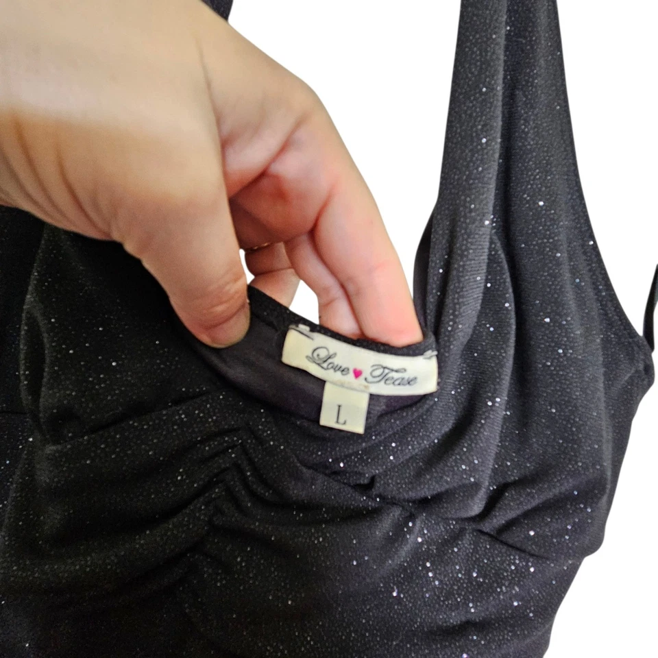 Love Tease Vibtage Y2K 90s Black Glitter Halter Dress Party Cocktail Women's L - Image 4 of 4