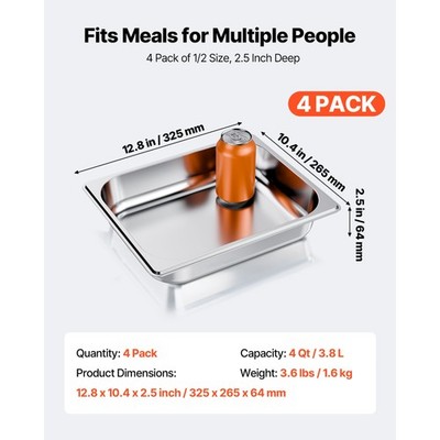 6 Pack Stainless Steam Hotel Pans, 1/2 Size Table Steam Pan, 4 Inch Deep Anti Jam Restaurant Supplies Reusable Rustproof Catering Storage for Home, Party, Restaurant, Hotel, Buffet | CA