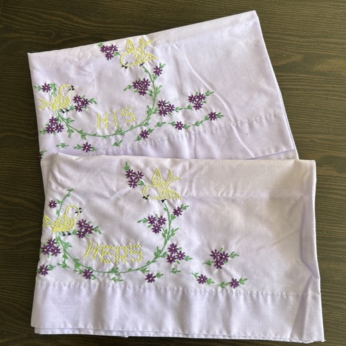Hand Embroidered Pillowcases Purple STD Purple Floral HIS HERS Yellow Bird Qty 2 - Picture 8 of 8