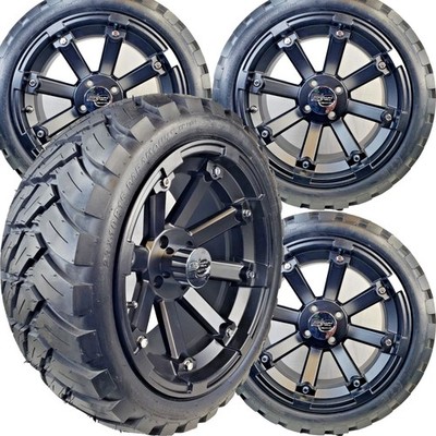 Set of 4 Vision 15'' Matt Black Lifted Golf Cart Wheels on 23x10-15 M/T Tires