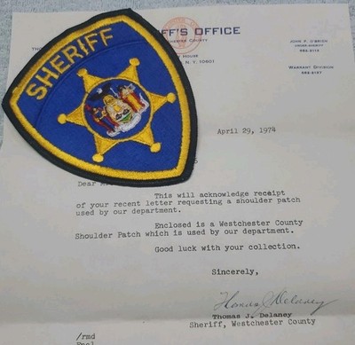Vtg Obsolete 70s New York Westchester Co Sheriff Patch W/ Note