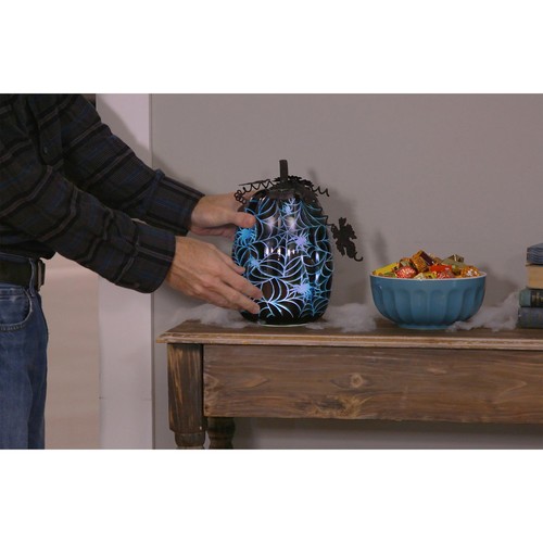 LED Glass Pumpkin, Black, Spiderweb - Picture 3 of 3