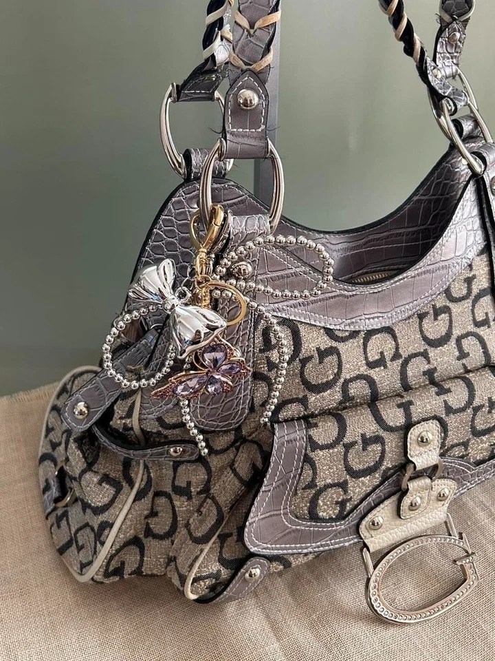 Bolso de Mano Vintage Guess Monograma Borde de Cocodrilo Estrás Logo G Y2K Foto 4 de 4