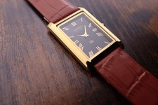 Vintage Seiko Slim Tank Quartz Men Black Dial Light Brown Leather Dress Watch