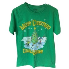 Peanuts Merry Christmas Festive Charlie Brown Green Graphic Tee Shirt Size M