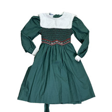 Vtg Polly Flinders Green Hand Smocked Bib Collar Dress Girls Size 8
