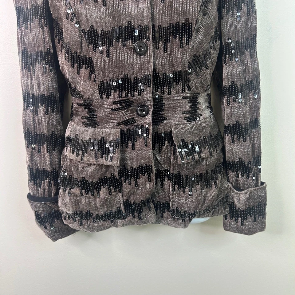 Chaqueta Blazer Para Mujer Diane von Furstenberg 2 Marrón Terciopelo Lentejuelas Seda Noche Foto 3 de 4