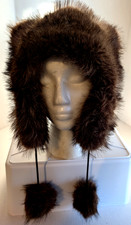 Faux Fur Adjustable Drawstring Raccoon Hat Cap Tail Youth Adult Soft Plush LG