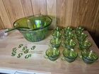 Vintage Iridescent Indiana Glass GREEN CARNIVAL Punch Bowl 12 Cups 8 Hooks Ladle