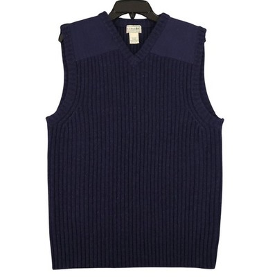 L.L. Bean Commando Sweater Vest Mens M Navy Blue Merino Wool Shoulder Patches