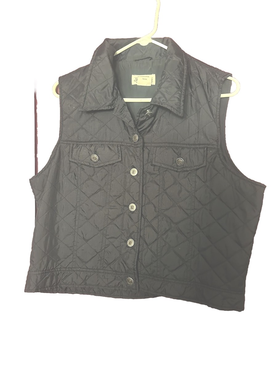 St Johns Bay Vest Womens Sz L Quilted Black Button Front Biker