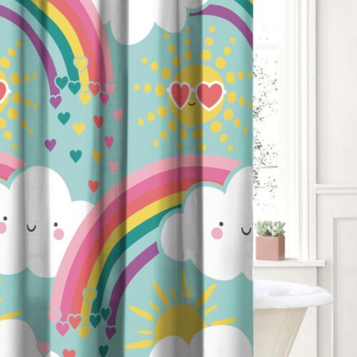 Kids Fabric Shower Curtain for Bathroom 72W x 72L Teal Rainbow Flare - Picture 4 of 5