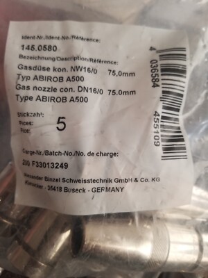 (5) Abicor Binzel Nozzles 145.0580, for Mig Welding A500 Torch, 5/8'' Flush. K11