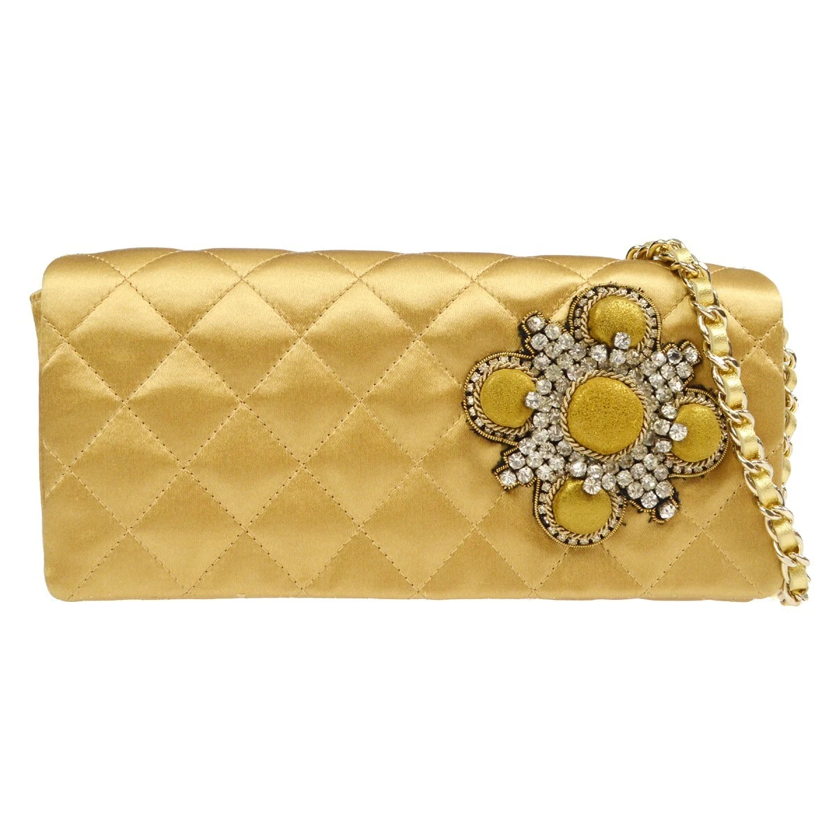 Chanel Quilted Chain Handbag Rhinestone Purse Gold Satin 78339