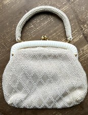 Vintage Ivory Beaded Gold Tone Soft Body Clamshell Evening Bag Purse Hong Kong