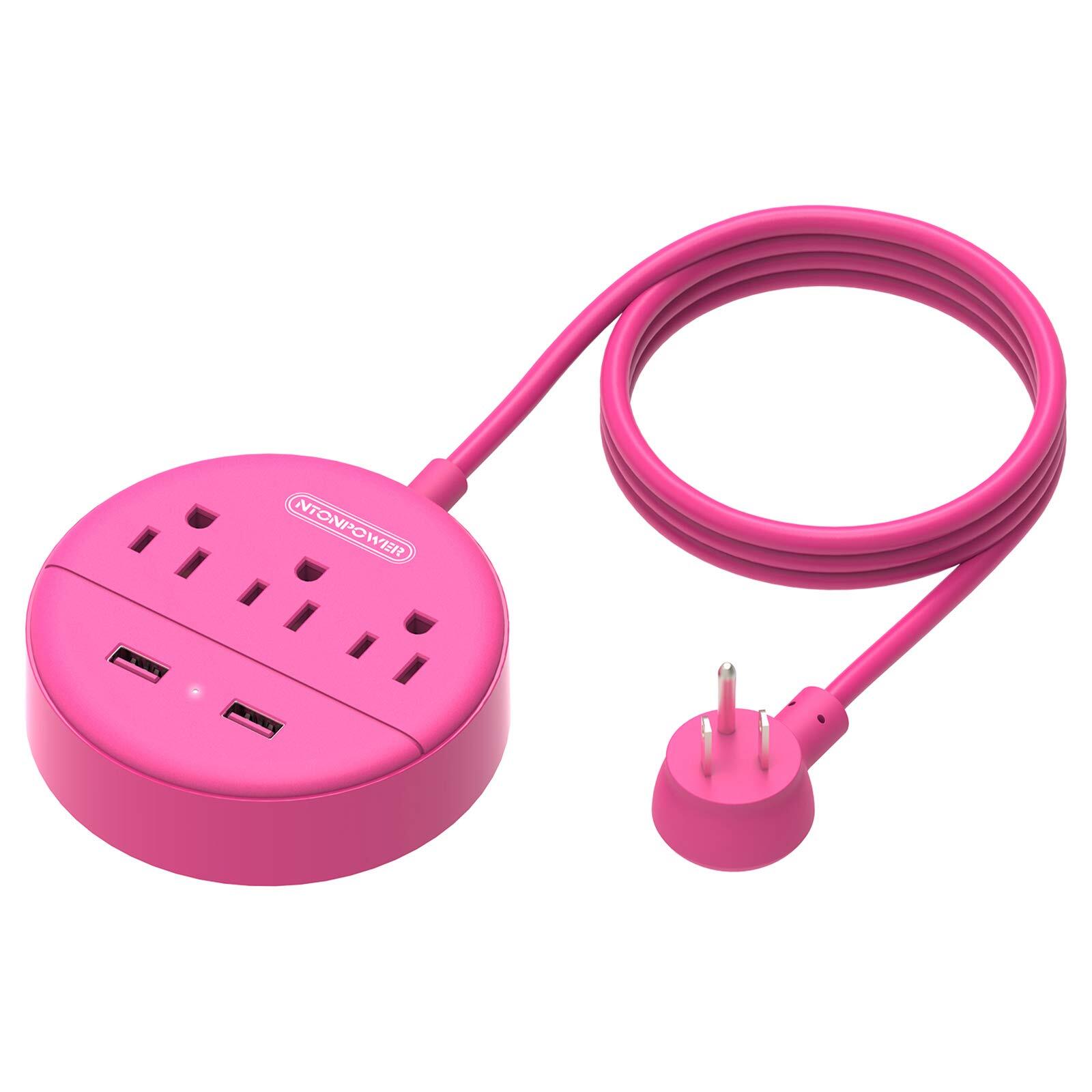 Pink Extension Cord 10 Ft Long Cord Power Strip Flat Plug 3 Outlets 2 Usb Deskto-image